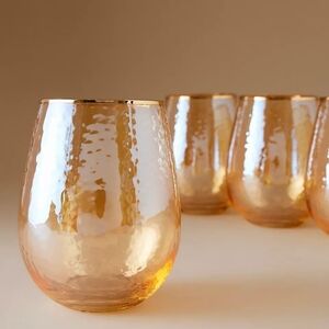 Anthropologie Zaza Honey Lustered Stemless Wine Glasses, Set of 2. New In Box